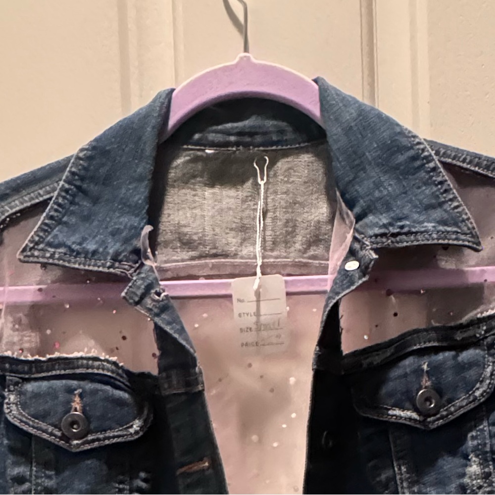 Women’s Boutique unique Dark Blue Denim Jacket with Sheer Polka-Dot Yoke - Picture 2 of 7